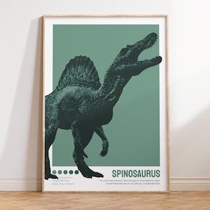 May include: A green and black illustration of a Spinosaurus dinosaur with a long snout and a sail on its back. The text "SPINOSAURUS" is at the bottom of the image. The only known dinosaur that's thought to have dwelled in water. Hunted fish from the site of a river with its crocodile-like skull.