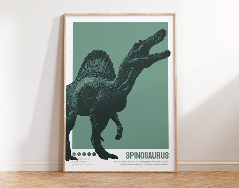 May include: A green and black illustration of a Spinosaurus dinosaur with a long snout and a sail on its back. The text "SPINOSAURUS" is at the bottom of the image. The only known dinosaur that's thought to have dwelled in water. Hunted fish from the site of a river with its crocodile-like skull.
