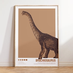 May include: A brown and black illustration of a Brachiosaurus dinosaur on a light brown background. The text "Brachiosaurus" is in brown letters at the bottom of the image. The text below the dinosaur's name reads: "The tallest one would have been able to peek through the windows of a four-storey building. Could live to be 100 years old."