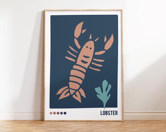 Lobster Printable wall decor, Red Sea Animal Kids Poster, Montessori Flashcard Lobster, Funny Ocean Art for Nursery Wall Decor, Blue poster