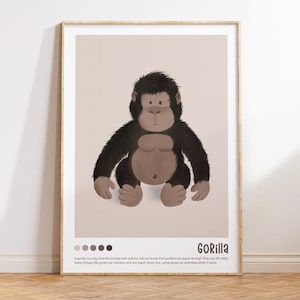 Poster Gorilla Baby per la cameretta dei bambini, poster stampabile per bambini, Bonobo, decorazione safari, decorazione da parete giungla, beige neutro, peluche scimmia