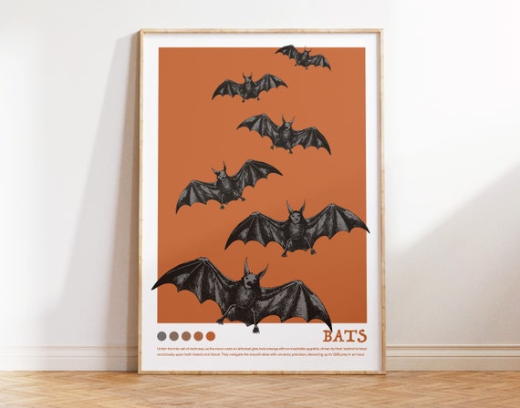 Affiche Chauve-souris, Poster Halloween imprimable, Décoration murale, Humour noir, Affiche vintage à télécharger, Déco orange, nuit, noir