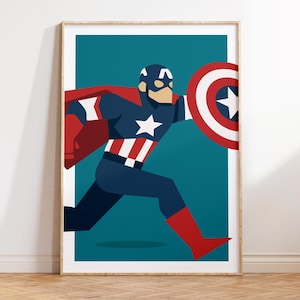 May include: A framed print featuring a stylized illustration of Captain America in action. The superhero is depicted in his iconic blue, red, and white costume, holding his shield. The background is teal, and the artwork is framed in a light wood.