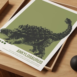 May include: A rectangular print featuring a dark charcoal illustration of an Ankylosaurus dinosaur against a sage green background. The text ANKYLOSAURUS appears in large capital letters above a descriptive sentence about the dinosaur's armor.