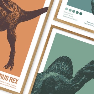 May include: Two framed illustrations of dinosaurs. The first illustration is of a Tyrannosaurus Rex, a large carnivore dinosaur with a brown and orange colour scheme. The second illustration is of a Spinosaurus, a large carnivore dinosaur with a green and blue colour scheme. Both illustrations include text about the dinosaurs' diet, length, and speed.