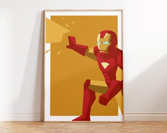 Tech Superhero Wall Art Printable, Futuristic Comic Hero Poster, Kids Room Decor, Digital Hero Print, Yellow wall art, Iron robot print