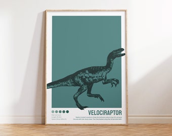 Velociraptor print, Dinosaur wall art, Raptor printable, Bauhaus print, Kid's room decor, Digital download, Vintage dinosaur, Teal print