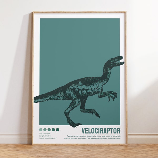 Velociraptor print, Dinosaur wall art, Raptor printable, Bauhaus print, Kid's room decor, Digital download, Vintage dinosaur, Teal print