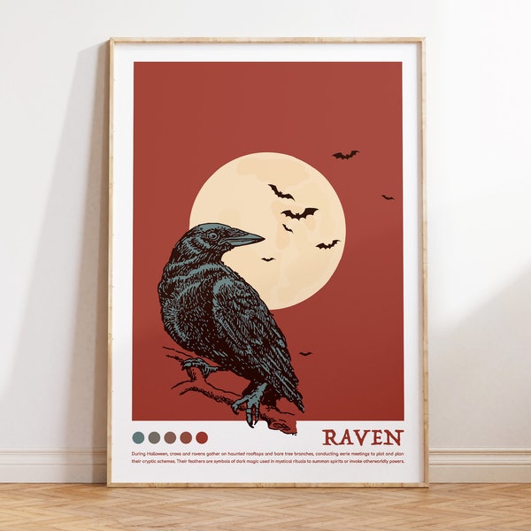 Raven Print, Crow, Halloween decor, Spooky printable Wall art, Quirky moon, Retro Poster, Victorian decor, Creepy cute, Vintage, Cottagecore