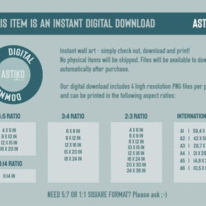 May include: A light blue informational graphic for a digital download product by Astiko Studio. It lists various aspect ratios including 4:5, 3:4, 2:3, 11:14, and International ISO sizes ranging from 4x5 inches to 24x36 inches and A6 to A1.
