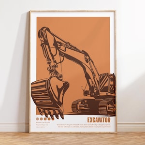 Peut inclure: Une illustration brune et orange d'une excavatrice avec le mot "Excavator" imprimé sous l'image. Le texte sous l'image indique "Les excavatrices font gagner du temps et de l'argent grâce à des fonctionnalités modernes et de pointe. Des terrains accidentés aux fouilles dans des endroits dangereux, ce sont nos nouveaux héros du travail, rendant presque toutes les constructions super-efficaces."