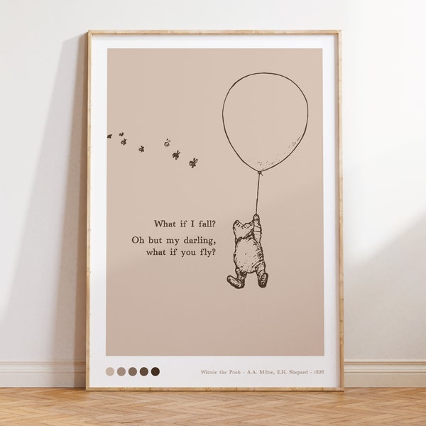 Affiche Winnie the Pooh avec citation, What if you fly, Affiche à imprimer, Vintage, Déco murale chambre bébé, Cadeau naissance, Baby shower