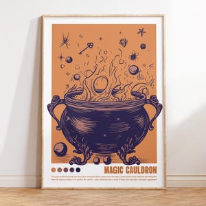 Op de afbeelding: Een vintage-stijl illustratie van een ketel met borrelend vocht en magische elementen zoals sterren, sleutels en insecten. De tekst "MAGIC CAULDRON" staat onderaan de afbeelding.