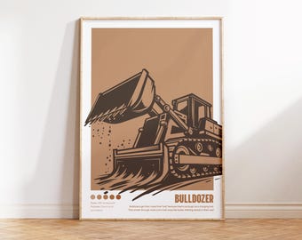 Bulldozer Print, Heavy Machinery Art, Construction Nursery Decor, Bauhaus Digital Download, Kids Room Wall Poster, Worksite Illustration