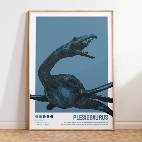 Affiche Plesiosaure, Affiche Dinosaure imprimable, Mosasaure, Affiche vintage, Bauhaus, Décoration chambre enfant, Affiche reptile bleue