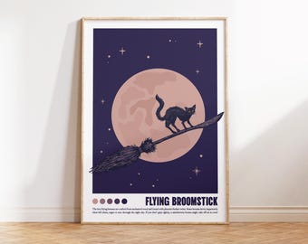 Flying Broomstick Print, Witch Broom Wall Art, Magic Broom, Enchanted Flight, Black cat print, Digital Download, Wizard Decor, Spooky cat
