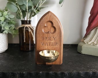 Holy Water Font, Cherry Wood w/ Solid Brass Dish