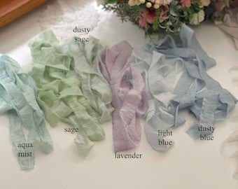 3m long, hand torn 100%  COTTON SILK ribbon for wedding events | high end Frayed Edge ribbons | lavender light blue dusty blue sage aqua