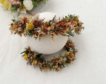 Full Wildflower Natural Dried and Preserved Boho Bulky Full Flower Crown, Adult Wedding Elopement Floral Headband Rose Eucalyptus Daisy