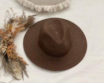 SALE Adult Boho Fedora hat, wide brim hat, bridal hat, boho straw hat, boho hat, Cream Brown