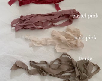 hand torn 100%  pure silk ribbon for wedding events | high end Frayed Edge ribbons | burgundy soft pink pale pink taupe brown