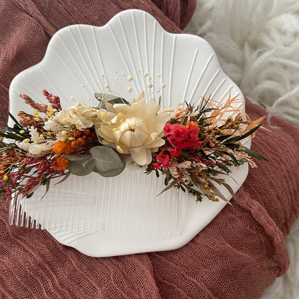 Dried Flower Whimsical WildFlower Orange Greens Bride Wedding Hair Comb, Hair Pin, Hair Accessory, Preserved Flower, Dainty Everlasting