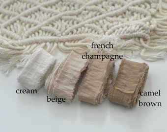 3m long, hand torn 100%  COTTON SILK ribbon for wedding events | high end Frayed Edge ribbons | natural beige champagne camel brown tones