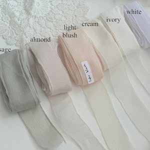 3 metri / nastro di seta chiffon trasparente strappato a mano / nastri di alta qualità con texture tenui / bianco avorio crema salvia blush mandorla / matrimoni eventi