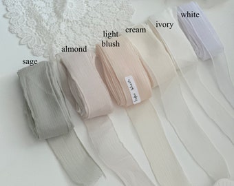 3 metres | hand torn sheer chiffon silk ribbon | high end muted textured ribbons | white ivory cream sage blush almond |  weddings events