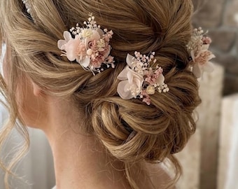 Set of 3, ooak dainty blush pale pink ivory white Dried Flower Whimsical Wildflower Bride Wedding Hair Pin Clip, Preserved, Everlasting