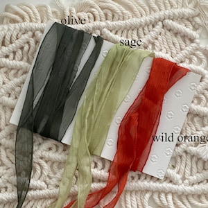 nastro di seta chiffon strappato a mano per eventi nuziali / nastri testurizzati tenui di fascia alta / oliva / salvia / rosso arancio