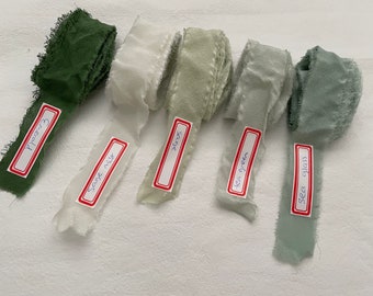 hand torn 100% pure silk ribbon for wedding events | high end Frayed Edge ribbons | sage emerald olive green