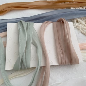 hand torn LUXE chiffon silk ribbon | high end muted textured ribbons | sage | dusty blue | white | weddings events | decor | card making