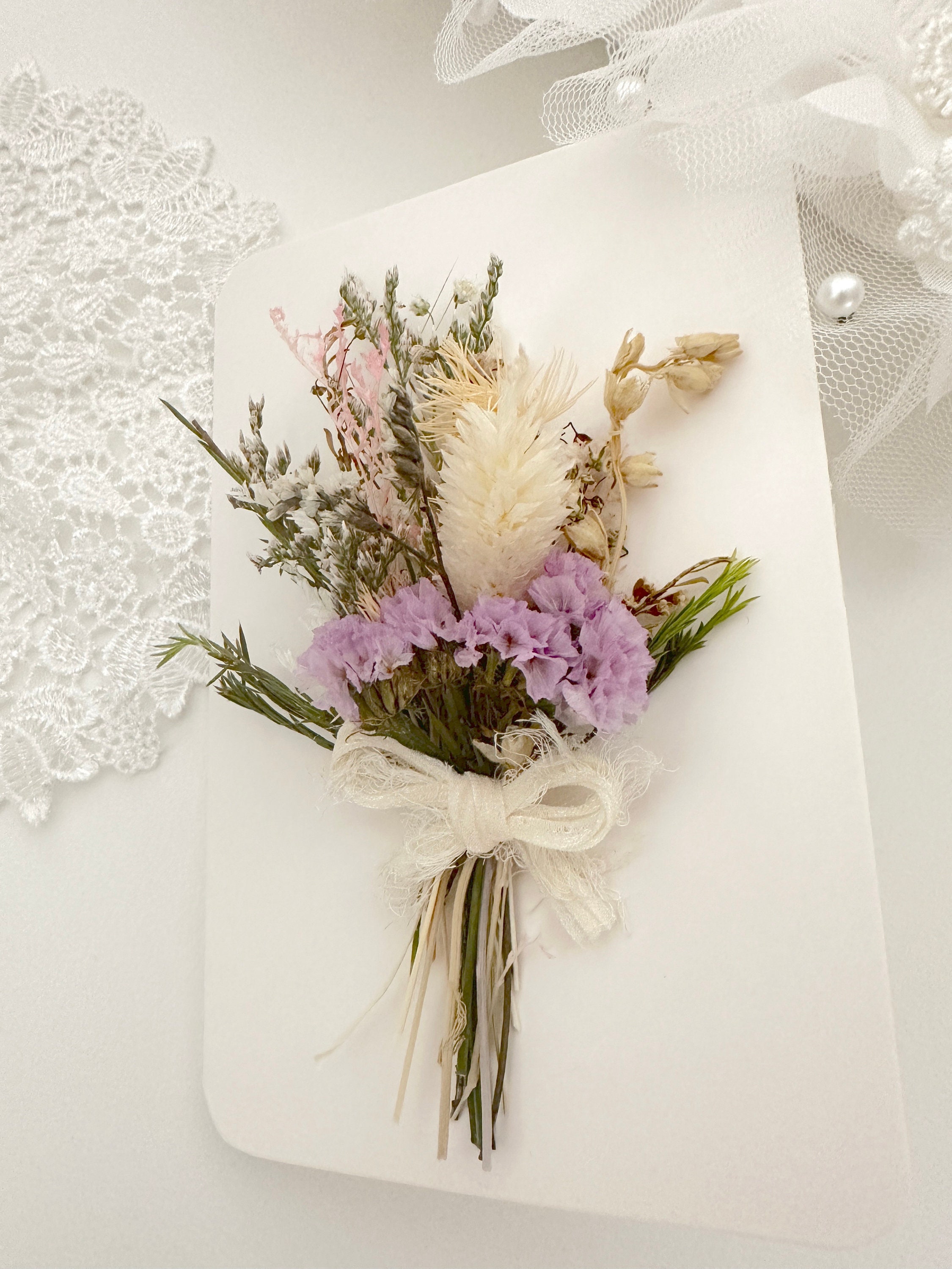 Biglietto Per Proposta Con Bouquet Di Fiori Secchi Veri E Busta – Fatto A Mano In Germania