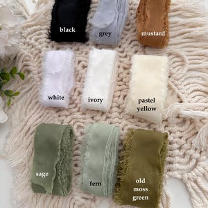 nastro di seta chiffon con bordo sfilacciato strappato a mano per eventi nuziali / nastri di alta qualità con texture tenui / toni verdi naturali / avorio felce salvia nera