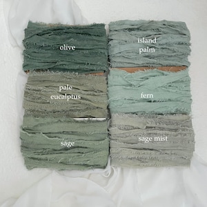 Handgescheurd zwaar katoenen lint met franjes voor huwelijksgeschenken, gedempte textuurlinten, groene tinten, olijfgroene salievaren bleke eucalyptusjager