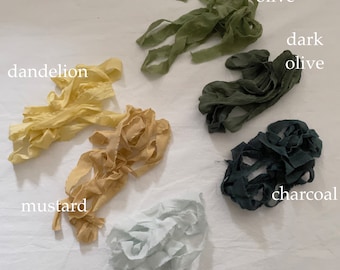 hand torn 100%  pure silk ribbon for wedding events | high end Frayed Edge ribbons | dandelion yellow gold mustard olive sage charcoal