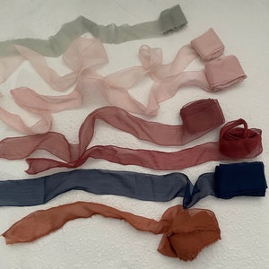 hand torn chiffon silk ribbon | high end muted textured ribbons | sage | navy | pink | burnt orange | weddings events | decor | rose