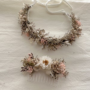 Dried Flower Whimsical WildFlower Natural Blush Pink Bride Wedding Flower Crown, Hair Comb Clip, Preserved, Dainty Everlasting