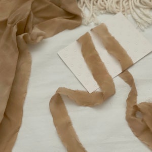 natural brown tones camel cider | hand torn 100% pure silk ribbon for wedding events | high end Frayed Edge ribbons