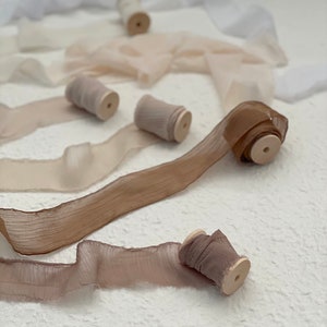 hand torn chiffon silk ribbon for wedding events | high end muted textured ribbons | natural tones | almond beige | cream | brown