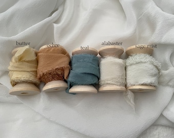 nastro di seta pura al 100% strappato a mano per eventi nuziali / nastri di alta qualità con bordo sfrangiato / ocra, arancione bruciato, alabastro, salvia, blu polvere, verde acqua