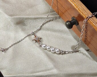 925 Sterling Silver Star Necklace Layered Charm Necklace , Crystal Necklace, Star Pendant Necklace, Pearls Necklace