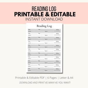 Registro de lectura editable imprimible / Rastreador de lista de libros / Libros para leer Planificador / Desafío de lectura / Inserción del planificador / Descarga instantánea