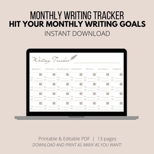 Monthly Writing Tracker for Writers | Word Count Tracker | Letter | Instant Download | Printable and Editable | PDF Download