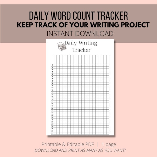 Daily Word Count Tracker | Writing Tracker for Writers | A4 | Instant PDF Download | Printable & Editable