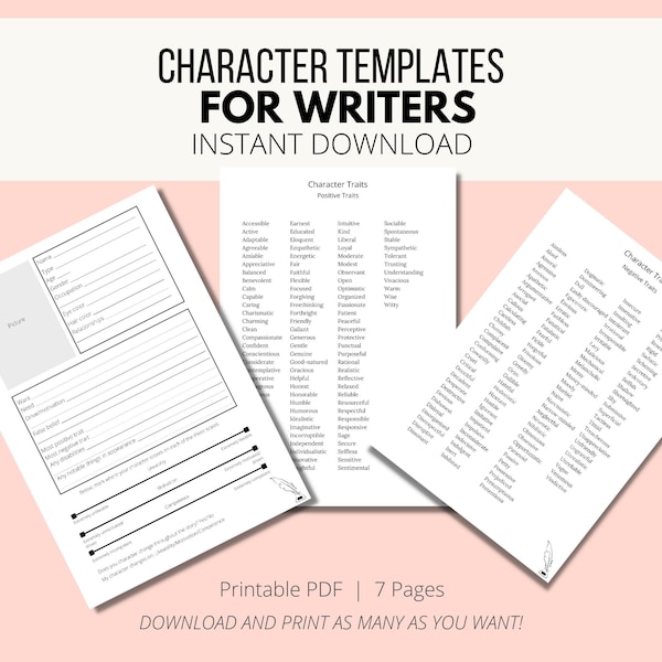 Character Outline Sheets | Printable Template | Positive & Negative Traits | Creative Fiction | Author Tools | Instant Download