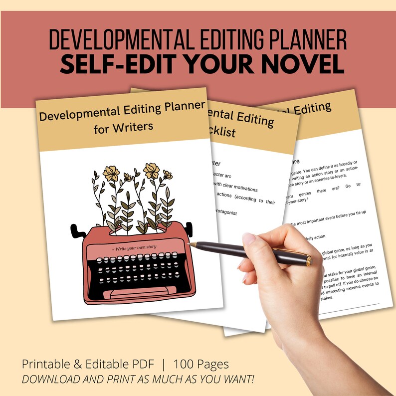 May include: A printable PDF planner with a pink typewriter illustration and the text "Developmental Editing Planner for Writers" and "Self-Edit Your Novel". The planner is designed to help writers edit their novels.
