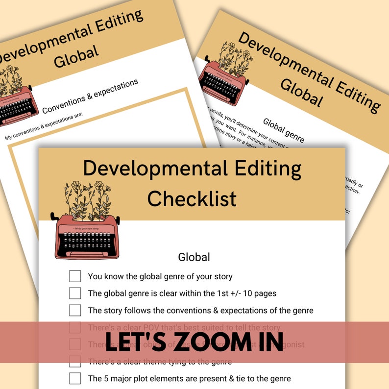 May include: A checklist for developmental editing with a typewriter illustration. The checklist includes items like "You know the global genre of your story" and "The story follows the conventions & expectations of the genre".