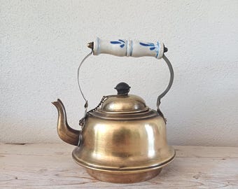 Brass finish teapot, vintage 600ml Delft ceramic handle decorative tea kettle